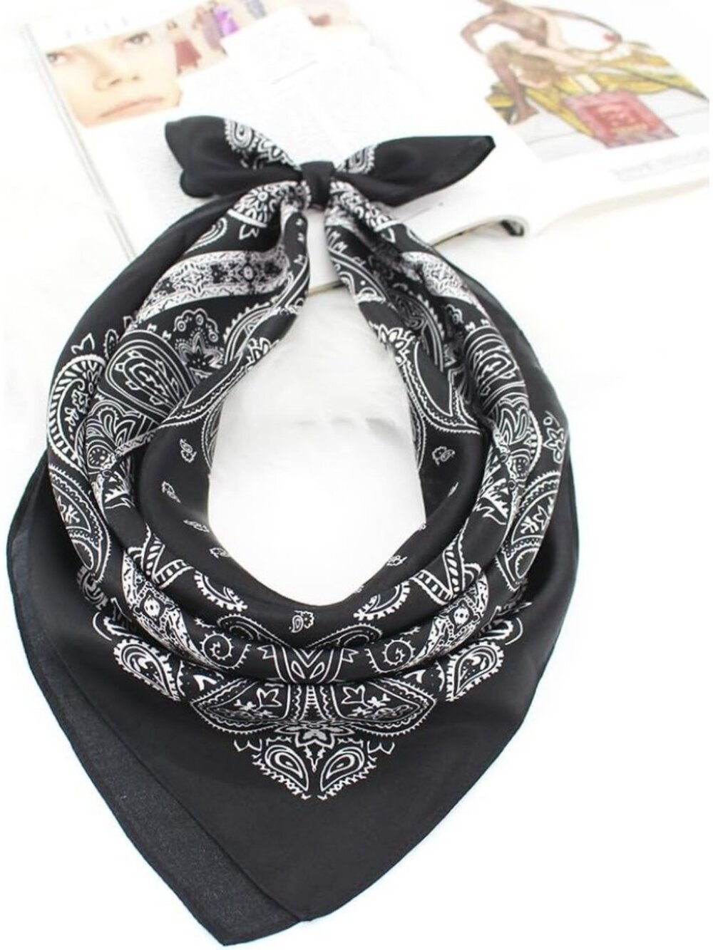 Women's White Black Paisely Houndstooth Scarf Digital Printed Headscarf Silk - Picture 2 of 4